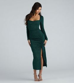 Style 05001-1238 Windsor Green Size 4 Tall Height Shiny Side slit Dress on Queenly