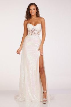 Style 90229 Abby Paris White Size 4 Prom Sequined Floor Length Side slit Dress on Queenly