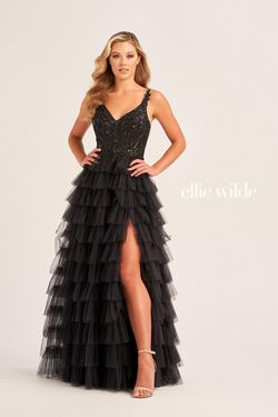 Style EW35059 Ellie Wilde Black Tie Size 12 Plus Size Sequined Lace Floor Length Side slit Dress on Queenly