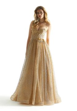 Style 49001 MoriLee Gold Size 4 Shiny Sequined Tulle Tall Height Ball gown on Queenly