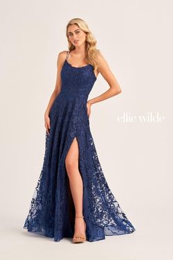 Style EW35222 Ellie Wilde Blue Size 16 Ew35222 Floor Length Navy Plus Size Side slit Dress on Queenly