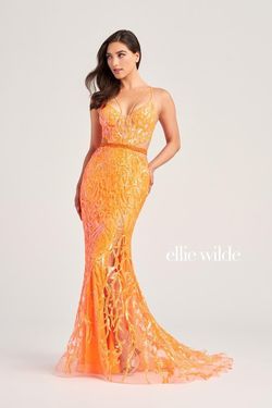 Style EW35007 Ellie Wilde Orange Size 0 Sequined Tulle Tall Height Mermaid Dress on Queenly