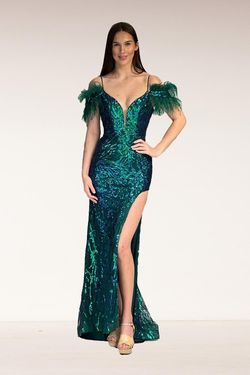 Style 90271 Abby Paris Green Size 12 Feather Prom Side slit Dress on Queenly