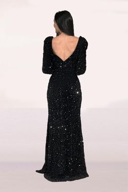 Style 90227 Abby Paris Black Size 10 Feather Sequined Side slit Dress on Queenly
