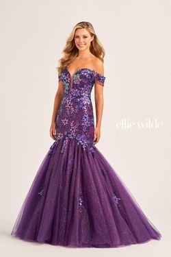 Style EW35219 Ellie Wilde Purple Size 4 Floor Length Tall Height Sequined Mermaid Dress on Queenly