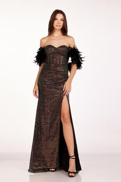 Style 90254 Abby Paris Black Size 8 Feather Sequined Side slit Dress on Queenly