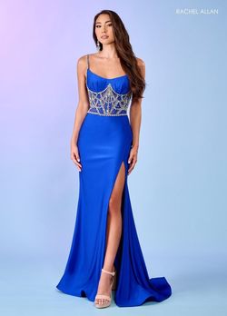 Style 70512 Rachel Allan Blue Size 2 Pageant Jersey Side slit Dress on Queenly