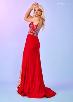 Style 70512 Rachel Allan Red Size 00 Floor Length Jersey Side slit Dress on Queenly