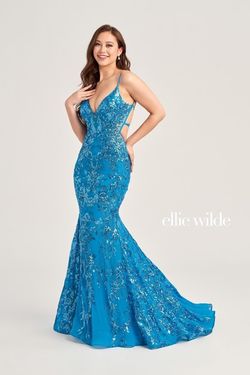 Style EW35011 Ellie Wilde Blue Size 6 Tall Height Ew35011 Sequined Mermaid Dress on Queenly