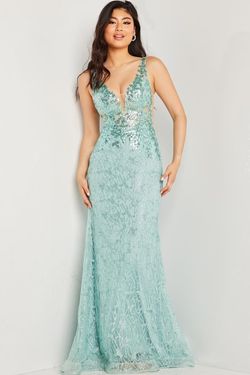 Style JVN08418 Jovani Blue Size 10 Floor Length Tall Height Sequined Turquoise Straight Dress on Queenly