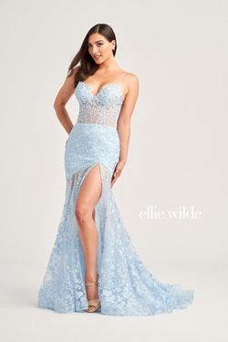 Style EW35005 Ellie Wilde Blue Size 2 Tulle Pageant Black Tie Side slit Dress on Queenly
