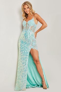 Style JVN24299 Jovani Blue Size 00 Plunge Side slit Dress on Queenly