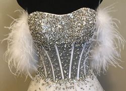 Jovani White Size 2 Prom Floor Length Feather Ball gown on Queenly