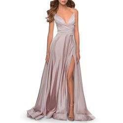 Style 28607 La Femme Nude Size 16 Floor Length V Neck Side slit Dress on Queenly