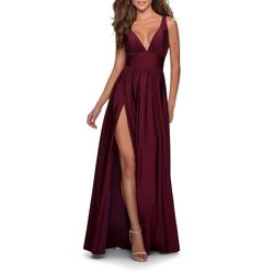 Style 28547 La Femme Red Size 4 V Neck Polyester Side slit Dress on Queenly