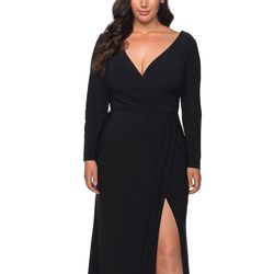 Style 29044 La Femme Black Tie Size 20 Jersey Sleeves Side slit Dress on Queenly