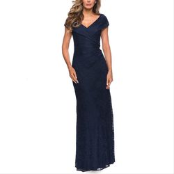 Style 27982 La Femme Blue Size 10 Lace Cap Sleeve Straight Dress on Queenly