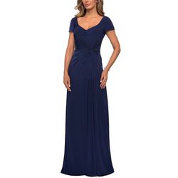 Style 27872 La Femme Blue Size 8 Mini Sleeves Military Jersey Straight Dress on Queenly