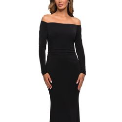 Style 28054 La Femme Black Tie Size 4 Long Sleeve Jersey Polyester Straight Dress on Queenly