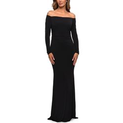 Style 28054 La Femme Black Tie Size 4 Long Sleeve Jersey Polyester Straight Dress on Queenly