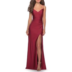 Style 28206 La Femme Red Size 10 Floor Length Jersey V Neck Side slit Dress on Queenly