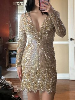 Jovani Gold Size 0 Jersey Mini Plunge Cocktail Dress on Queenly