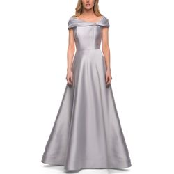 Style 26877 La Femme Silver Size 8 Sleeves Polyester Satin Military A-line Dress on Queenly