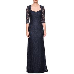 Style 26427 La Femme Blue Size 12 Plus Size Black Tie Sleeves Straight Dress on Queenly