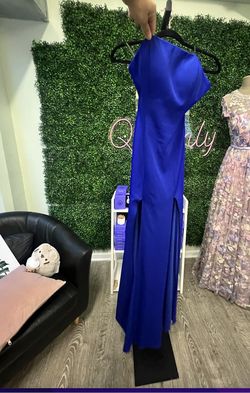 Mac Duggal Blue Size 2 High Neck Floor Length Side slit Dress on Queenly