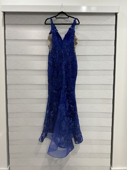 Jovani Blue Size 10 Plunge Medium Height Mermaid Dress on Queenly