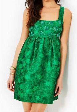 Style 1-2213415614-98 Lilly Pulitzer Green Size 10 Square Neck Tall Height Floral Flare Cocktail Dress on Queenly