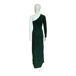 Style 1-105792996-3236 Any Old Iron Green Size 4 One Shoulder Black Tie Shiny Floor Length Emerald Side slit Dress on Queenly