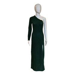 Style 1-105792996-3236 Any Old Iron Green Size 4 One Shoulder Black Tie Shiny Floor Length Emerald Side slit Dress on Queenly