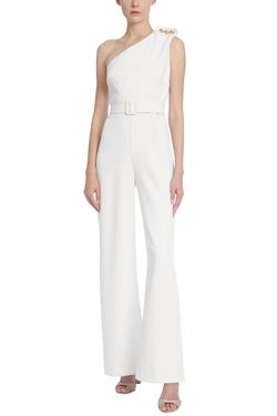 Style 1-1110556468-1901 BADGLEY MISCHKA White Size 6 Ivory Polyester Belt Spandex Jumpsuit Dress on Queenly