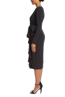 Style 1-2123191597-1901 BADGLEY MISCHKA Black Size 6 Polyester Ruffles Wednesday Boat Neck Cocktail Dress on Queenly