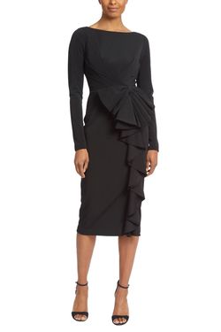 Style 1-2123191597-1901 BADGLEY MISCHKA Black Size 6 Polyester Ruffles Wednesday Boat Neck Cocktail Dress on Queenly