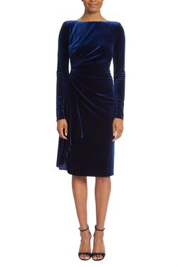 Style 1-2534190557-1498 BADGLEY MISCHKA Blue Size 4 Polyester Spandex Sleeves Velvet Boat Neck Cocktail Dress on Queenly