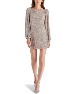 Style 1-3397902290-3236 STEVE MADDEN Silver Size 4 Polyester Long Sleeve Shiny Sequined Cocktail Dress on Queenly