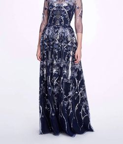 Style 1-700837540-5 Marchesa Blue Size 0 Navy Sequined Sleeves Tulle Straight Dress on Queenly