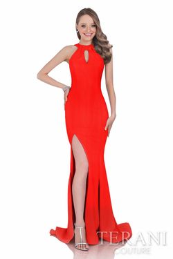 Style 1612P0514 Terani Couture Red Size 6 Fitted Black Tie Halter Floor Length Side slit Dress on Queenly