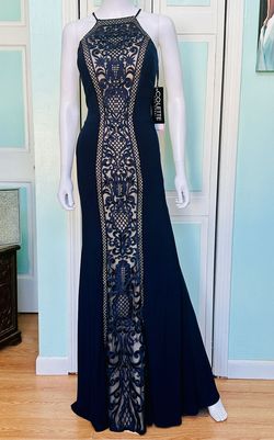 Style CL21723 Colette Blue Size 14 Jersey Floor Length Navy Mermaid Dress on Queenly