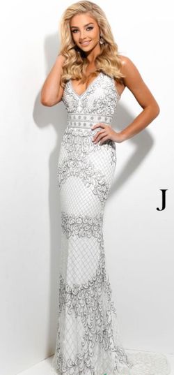 Jasz Couture White Size 4 Plunge Jersey Floor Length Mermaid Dress on Queenly