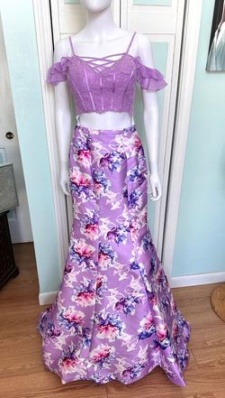 Style EW118179 Ellie Wilde Purple Size 00 Floor Length Two Piece Silk Military Mermaid Dress on Queenly