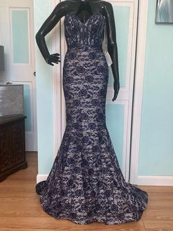 Style 8064 Clarisse Blue Size 0 Floor Length Navy Shiny Mermaid Dress on Queenly