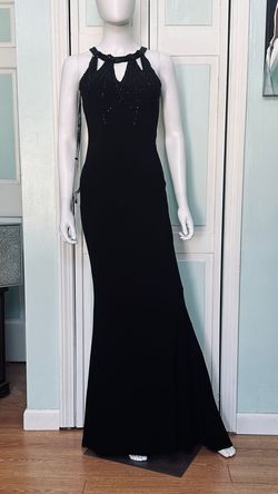 Style 18-698 Madison James Black Size 0 High Neck Prom Jewelled Straight Dress on Queenly