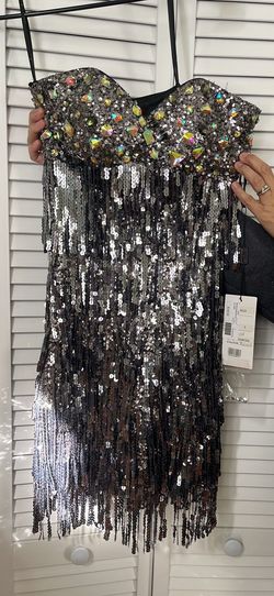 Night Moves Silver Size 2 Prom Plunge Free Shipping Jersey Cocktail Dress on Queenly