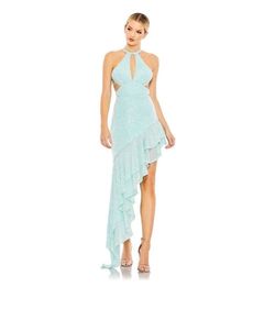 Mac Duggal Blue Size 6 Jersey Halter Cocktail Dress on Queenly