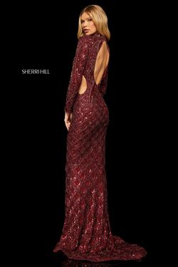Style 52916 Sherri Hill Black Size 6 High Neck Shiny Pattern Burgundy Mermaid Dress on Queenly