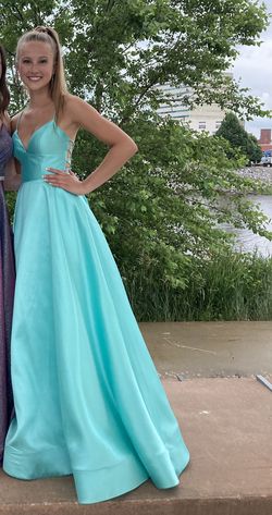 Style 53661 Sherri Hill Blue Size 4 Pockets Silk Turquoise A-line Dress on Queenly