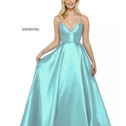 Style 53661 Sherri Hill Blue Size 4 Pockets Silk Turquoise A-line Dress on Queenly
